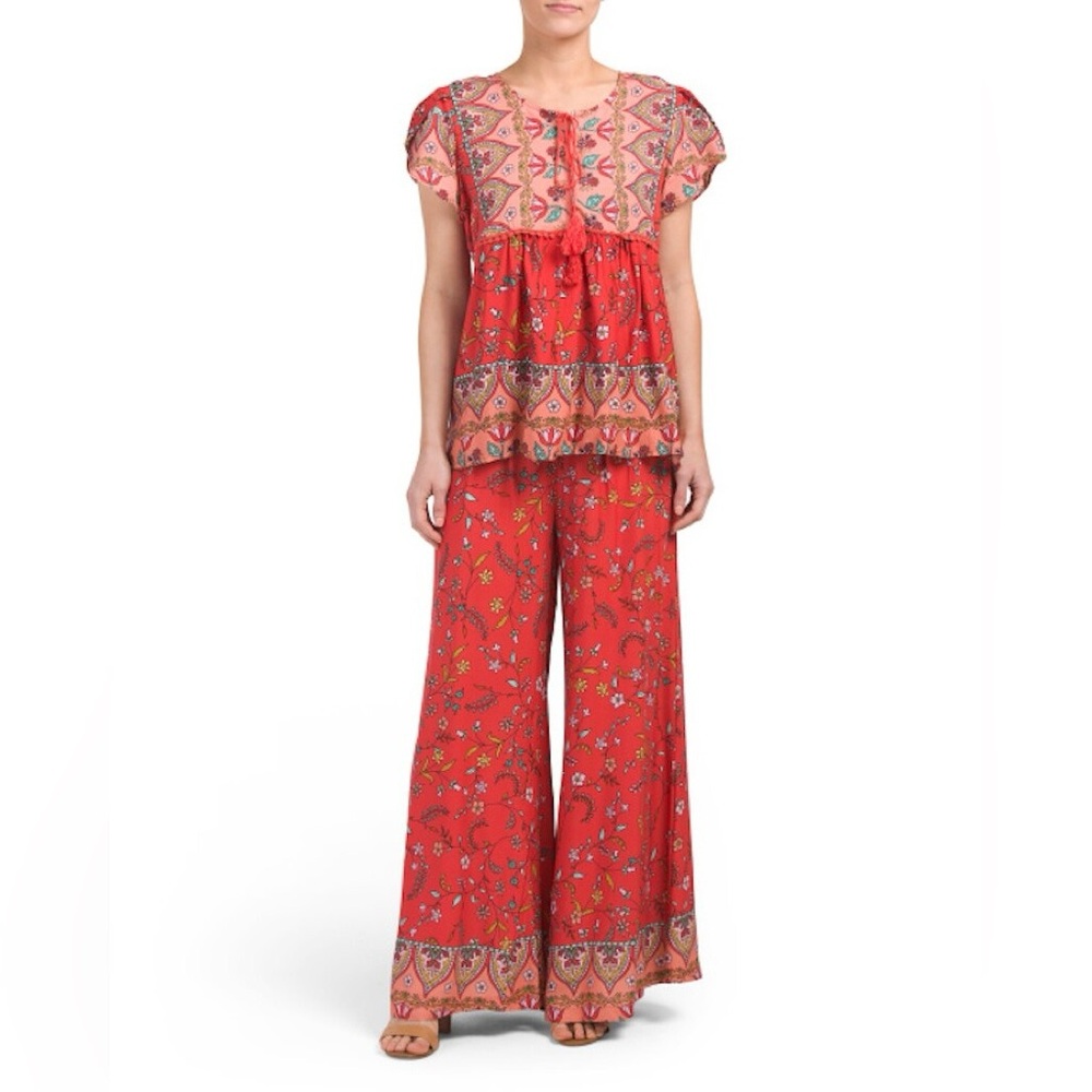Jaase Siesta Ella Top & Bombay Red Floral Wide Leg Palazzo Pants 2 Piece Set • M